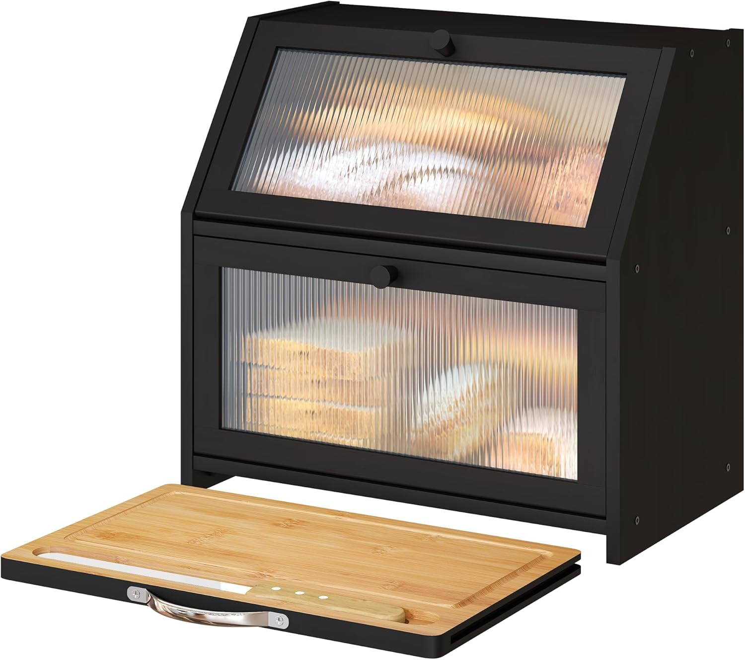 Extra Large Bread Box with Cutting Board Bamboo Wood Bread Box for Kitchen Counter, Double Layer Large Capacity Bread Storage Bin with Acrylic Wavy Door Panel