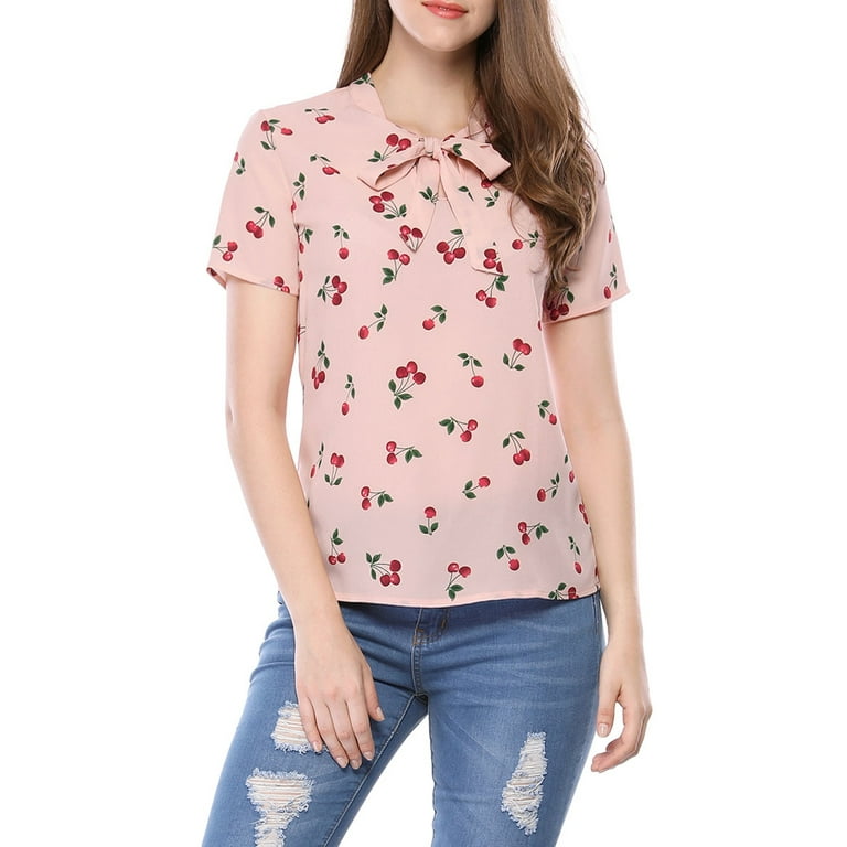 Unique Bargains Women's Cherry Printed Tie Bow Neck Short