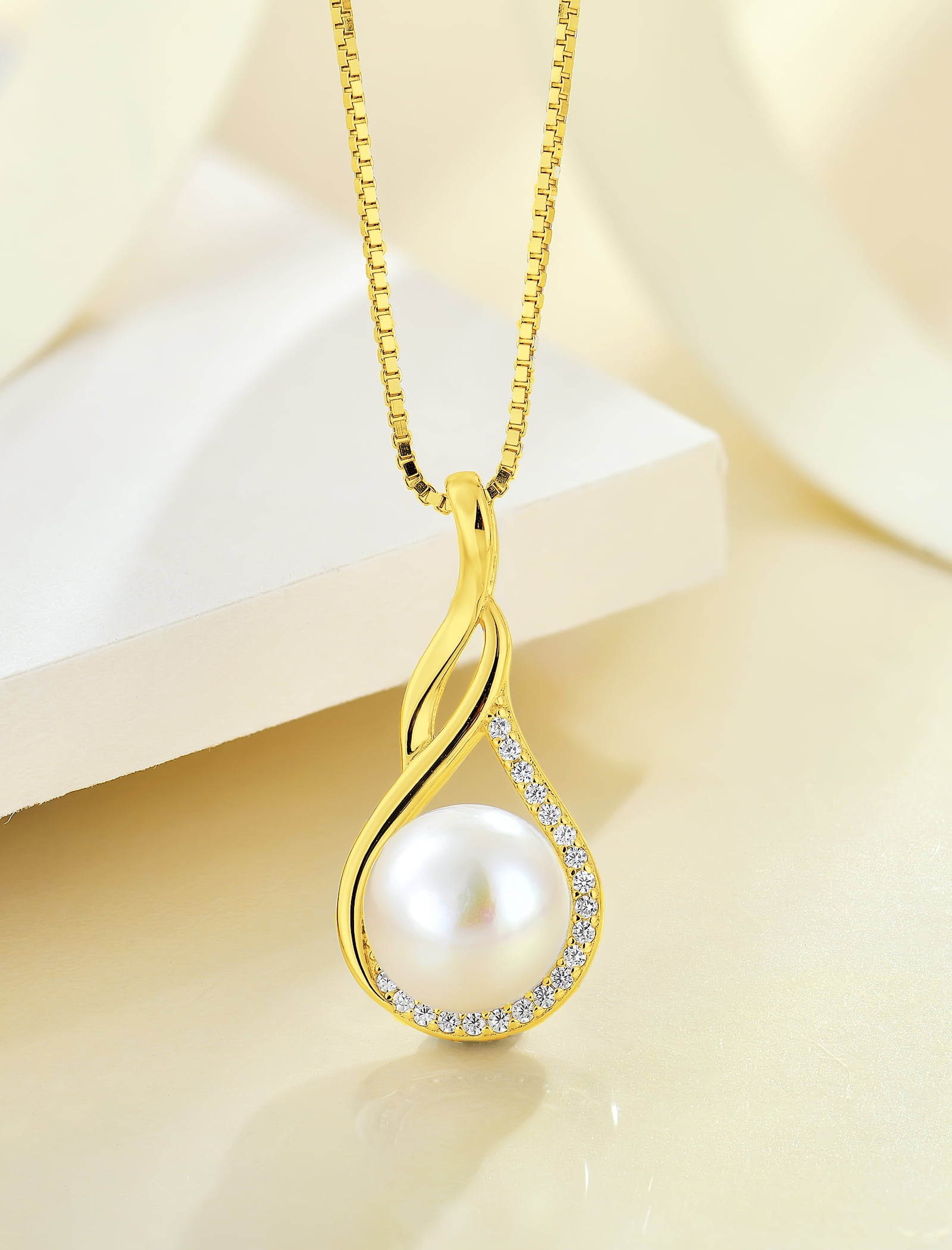 PYNZY Infinity Pearl Necklace for Women, 925 Sterling Silver 18K Yesllow Gold Plated CZ Pearl Pendant Necklace 9MM Freshwater Cultured Pearl Jewelry Gift