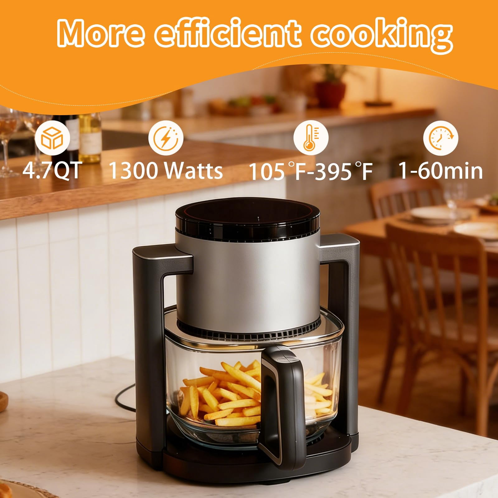 Plum Chef 4.5-Quart Glass Air Fryer, 10-in-1 Compact Airfryer with 360° Visibility and Dishwasher-Safe Glass Basket, 1300W, Black