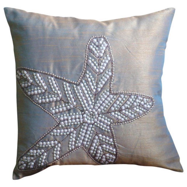 Funda de almohada morada con lentejuelas 3D, diseño de estrellas de mar, playa y océano, 35 x 35 cm (14 x 14 pulgadas), funda de almohada de seda, diseño floral mediterráneo, mar - Estrellas de mar