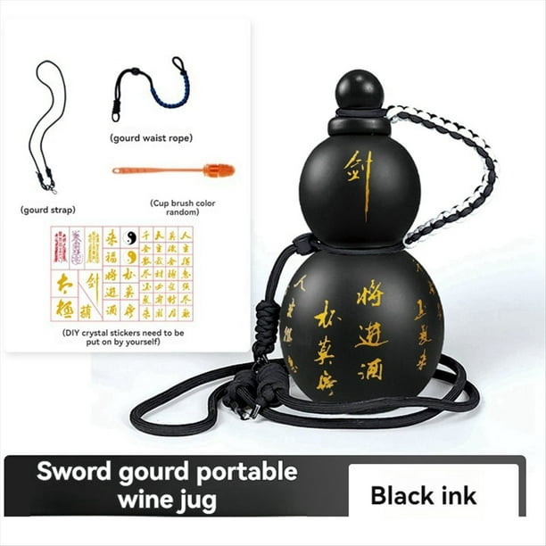 Botella de Agua Estilo Calabaza de Inspiración Retro China, 800 Ml, Botella de Agua de Calabaza, Botella de Agua Deportiva de Calabaza, Color Negro
