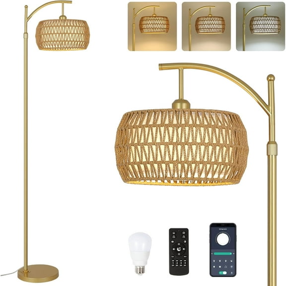 Arc Floor Lamp with 3 Color Temperatures, LED Gold Floor Lamp with Remote & Stepless Dimmable Bulb, Boho Standing Lamp with Rattan, Farmhouse Tall Lamp