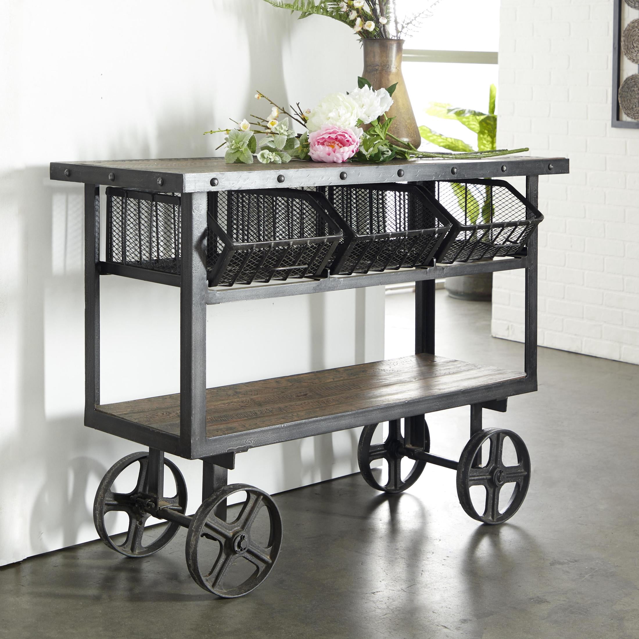 DecMode 48" x 36" Black Metal Industrial Rolling Cart 3 Basket Drawer Console Table, 1-Piece