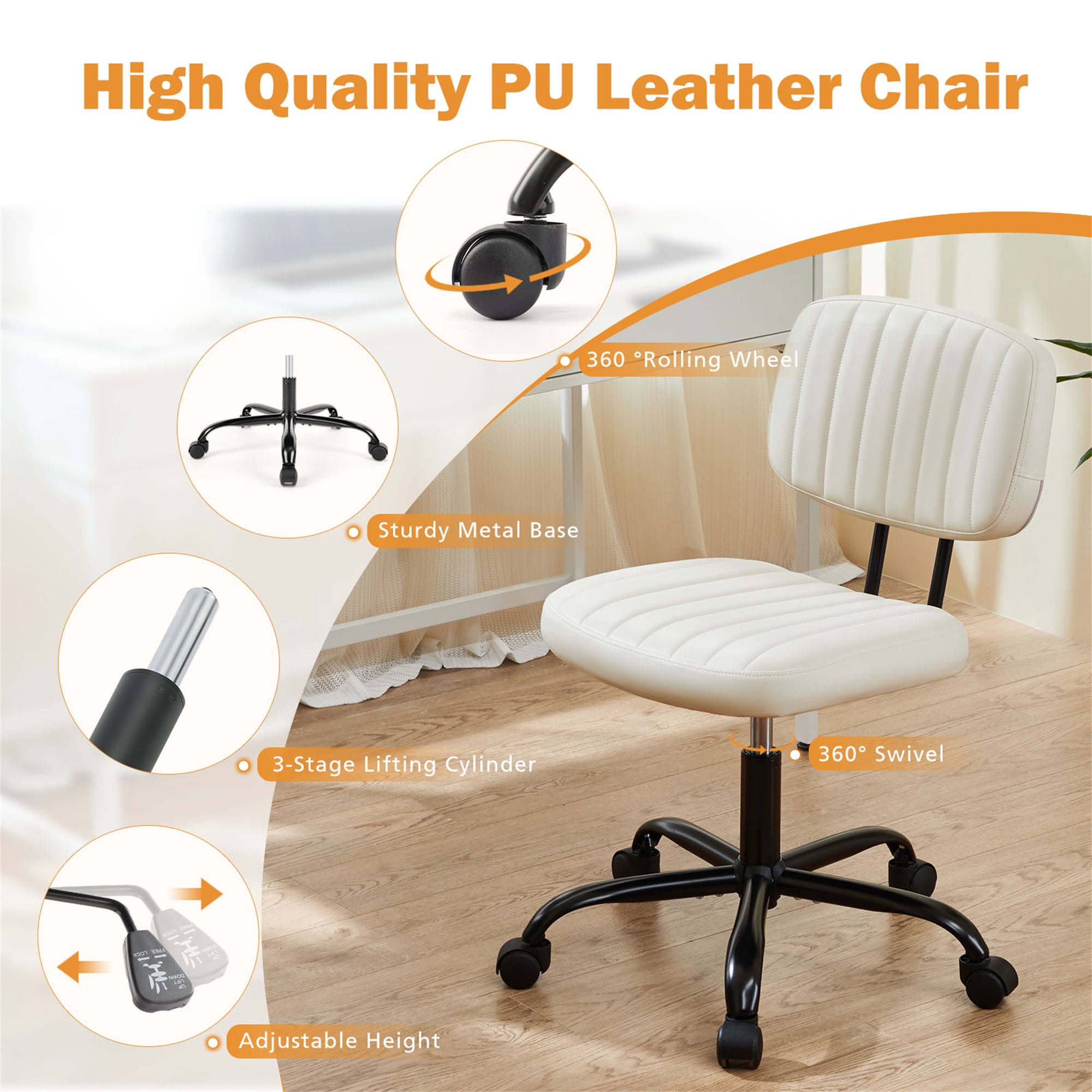 Spaco Small Home Office Chair,Cross Legged Armless Wide Adjustable Swivel Padded Fabric Home Office Desk Chair with Wheel, White