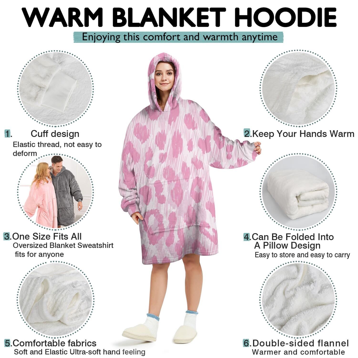 Pink and Pink Of Leopard Print Wearable Oversized Blanket,Wearable Blanket Hoodie for Adults,Cozy Hooded Blankets with Super Pockets,Super Warm Fuzzy Pullover for Women & Men