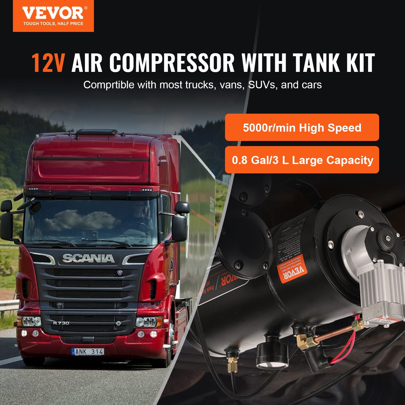 KFFKFF 12V Air Compressor with 0.8 Gal/3L Tank Onboard Air Horn Compressor System