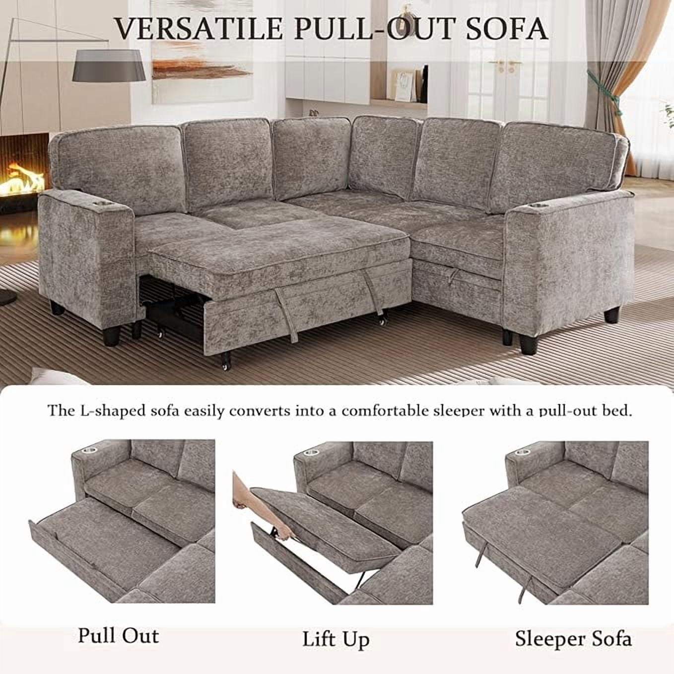 81" Modular Sectional Sofa, L Shaped 5-Seater Sleeper Sofa with Pull Out Bed, Hidden Storage, Cup Holders & USB Charging Ports, Sectional Couches for Living Room，Chenille，Light Brown