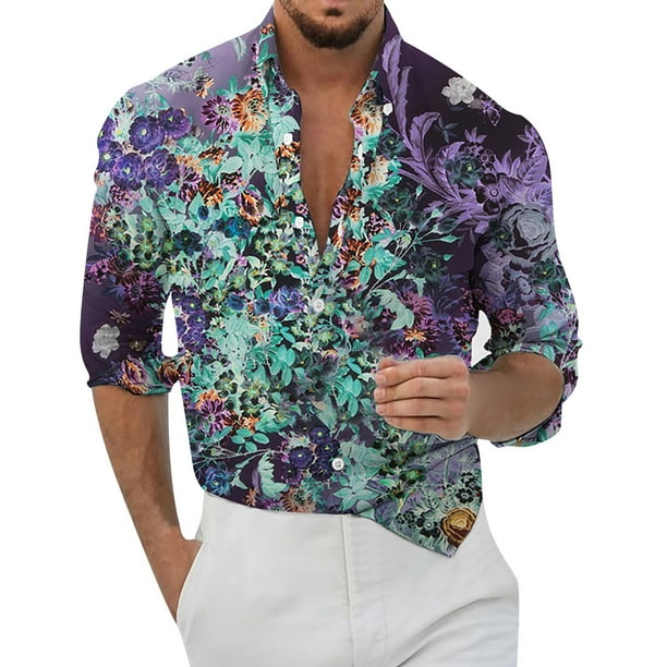 Camisas Para Hombre Manga Larga Negra Casual Hombres Solapa suelta Estampado geométrico Manga larga Puños Botón Puerto Estilo Floral Camisa Playa Hawaiianss Verano Top (Purple, 3XL)