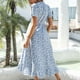 thumbnail image 3 of Vestido de manga corta con escote en V y estampado floral, con cinturón azul y dobladillo con volantes para fiestas en la playa, talla M, 3 of 5
