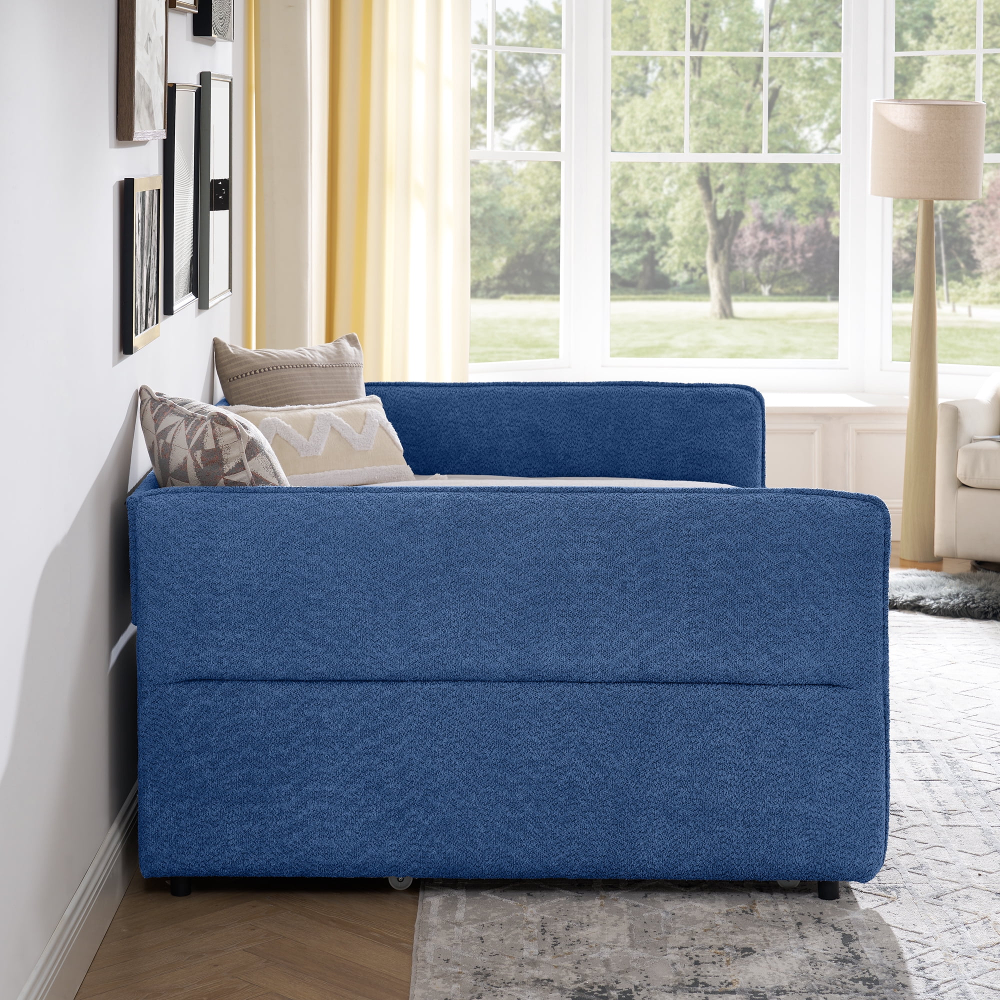 Mintazer Full Upholstered Daybed with Trundle, Boucle Fabric Sofa Bed for Living Room & Bedroom, Blue
