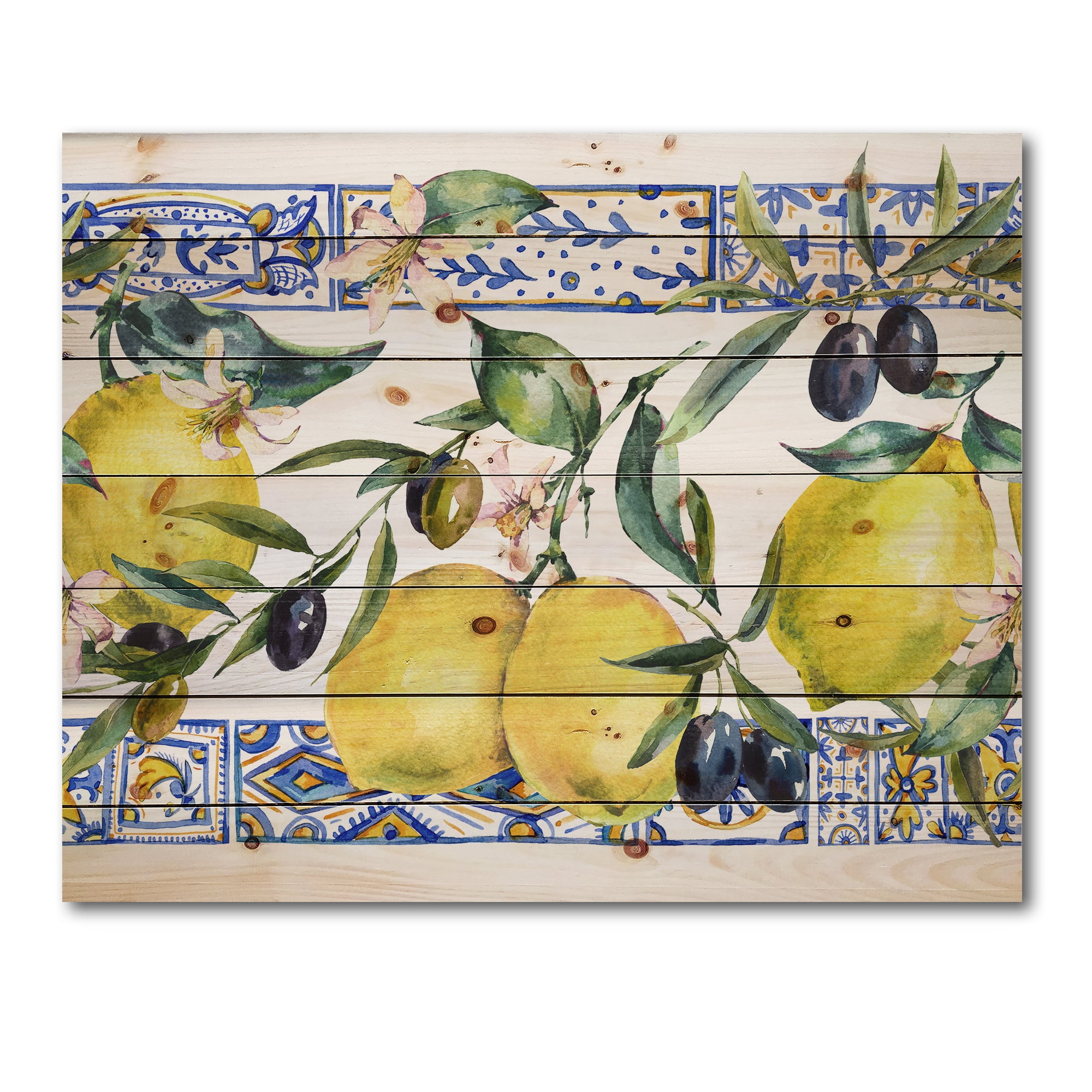 Designart 'Geometrical Pattern of Lemon Ornament On Blue II' Tropical Print on Natural Pine Wood