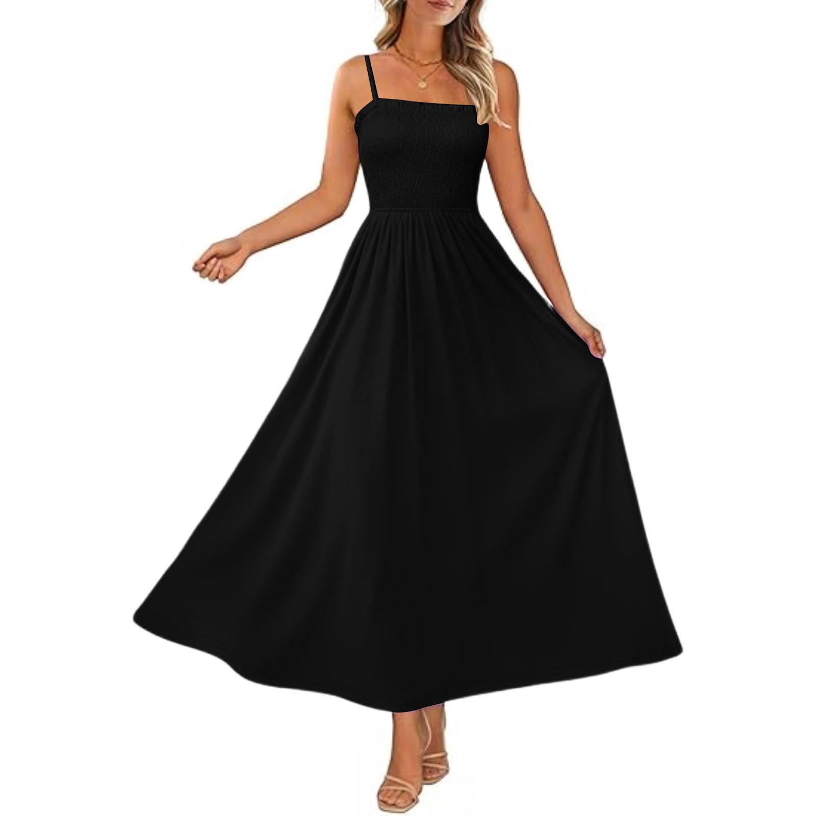 Hueook Womens Dresses Women's Bohemian Spaghetti Strap Sleeveless Long Beach Sun Dresses Solid Maxi Dress Black 2X