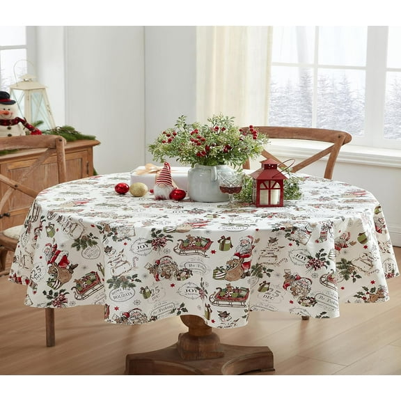 Christmas Santa Nostalgia Home for Holidays Print 60 x 84 inch Oval Flannel Back Vinyl Tablecloth