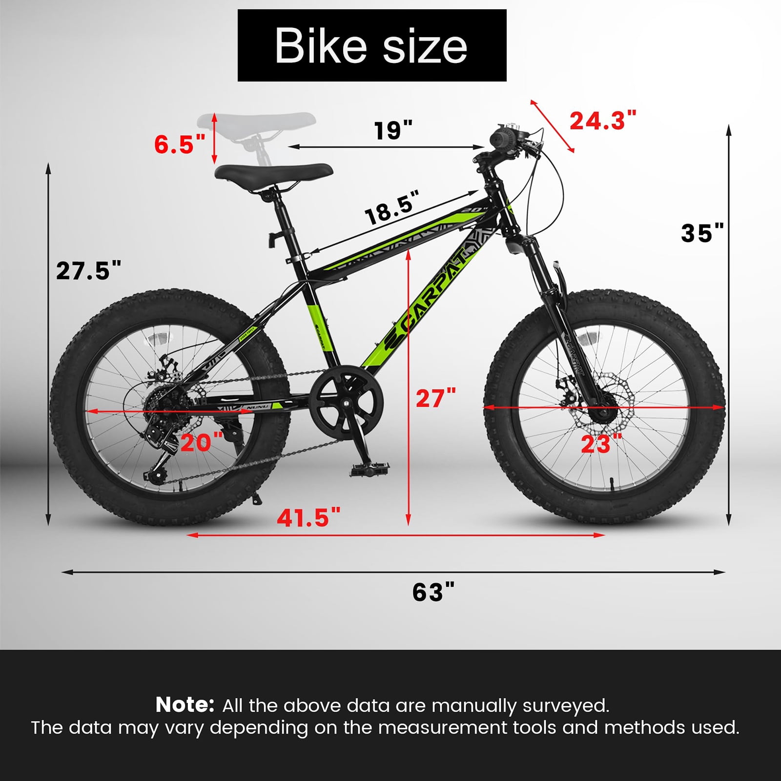 20 Inch Men-Lightweight Fat Tire Bike, High Carbon Steel Frame, Front Suspension, 7-Speed, Ideal for Snow and Off-Road Riding, Green