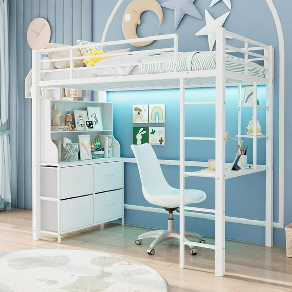 Twin Metal Loft Bed with Large Desk, 4 Fabric Drawers, 2 Storage Shelves, LED Lights & Charging Station, Guardrails & Ladder, No Box Spring, White