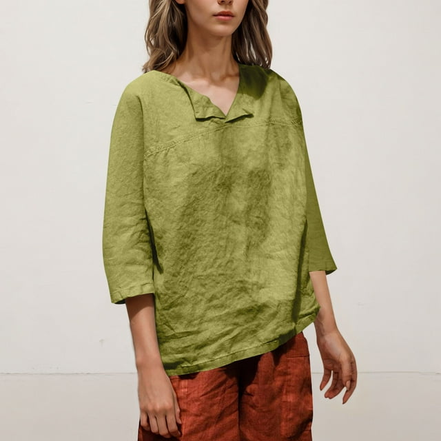 Hauts pour Femmes Bdfzl Mode Imitation et Lin Manches Trois-Quarts Col en V Haut/chemise Vert P