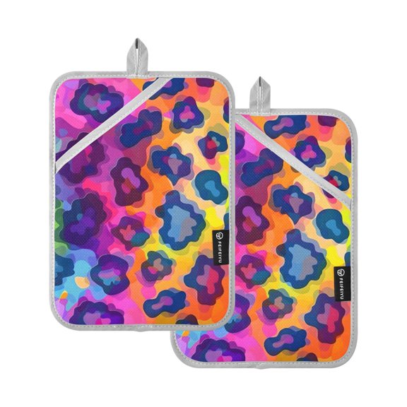 Rainbow Colors Leopard Oven Mitts 2 Pcs Pot Holders Sets Heat Resistant for Kitchen Cooking Baking 7"x9.8"