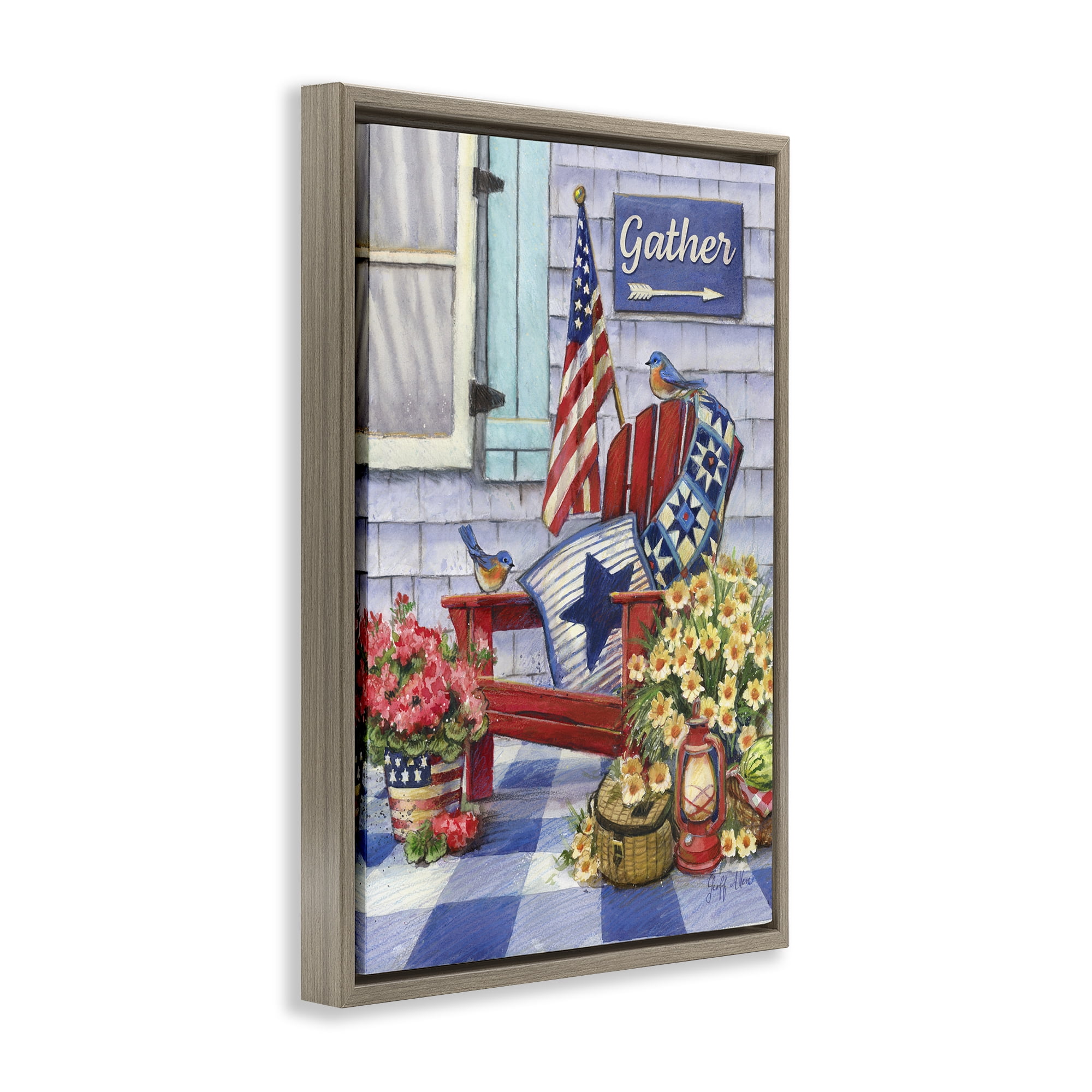 Stupell Industries Patriotic Porch View Patriotic Painting Brown Floater Framed Canvas Art Print Wall Art, 17 x 25