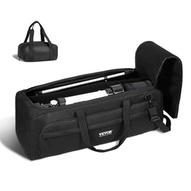 VEVOR Télescope Étui pour de 30,3 Pouces, Sac de Rangement Polyvalent Absorbant les Chocs pour Télescope en Noir, Doté d'Un Tissu Oxford 900D durable avec un Revêtement PU Imperméable. l'Étui Comprend un Compartiment Principal Spacieux avec Séparateurs Détachables, Deux Poches Extérieures et une Poche de Contrepoids pour un Rangement Organisé des Télescopes, Trépied et Accessoires. Il a une Conception à Rabat avec une Grand Ouverture, des Sangles Sécurisées et une Bandoulière Détachable pour des options de Transport Polyvalentes. l'Intérieur en Velours Doux et la Doublure en Coton Perlé Offrent une absorption et une protection Efficaces