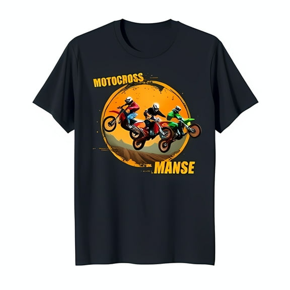 Men's Black T-Shirt with Bold Motocross Graphic Dirt Bikes Jumping Design
