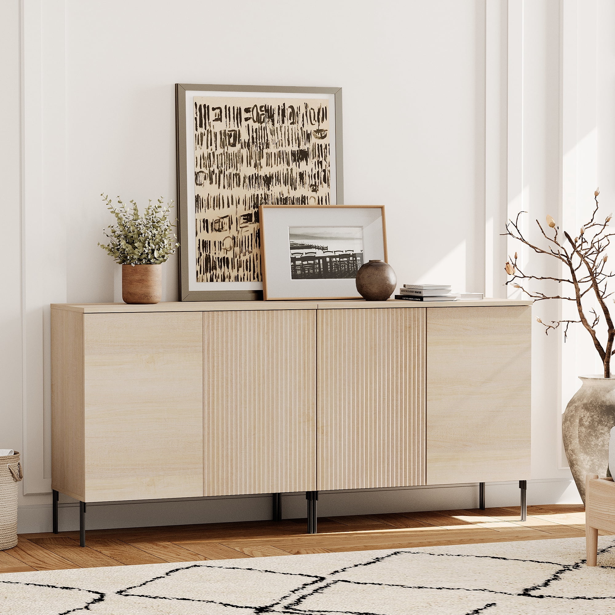 4 Pcs Bedroom Set，Wooden Dresser and Nightstand Sets for Bedroom, Reeded Dresser Set with Adjustable Shelves, Night Stand of 2 with Charging Station