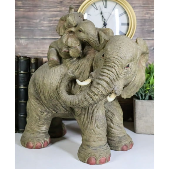 Ebros Gift 10.5" Wildlife Elephant Father 2 Calves On Piggyback Playing Garden Statues