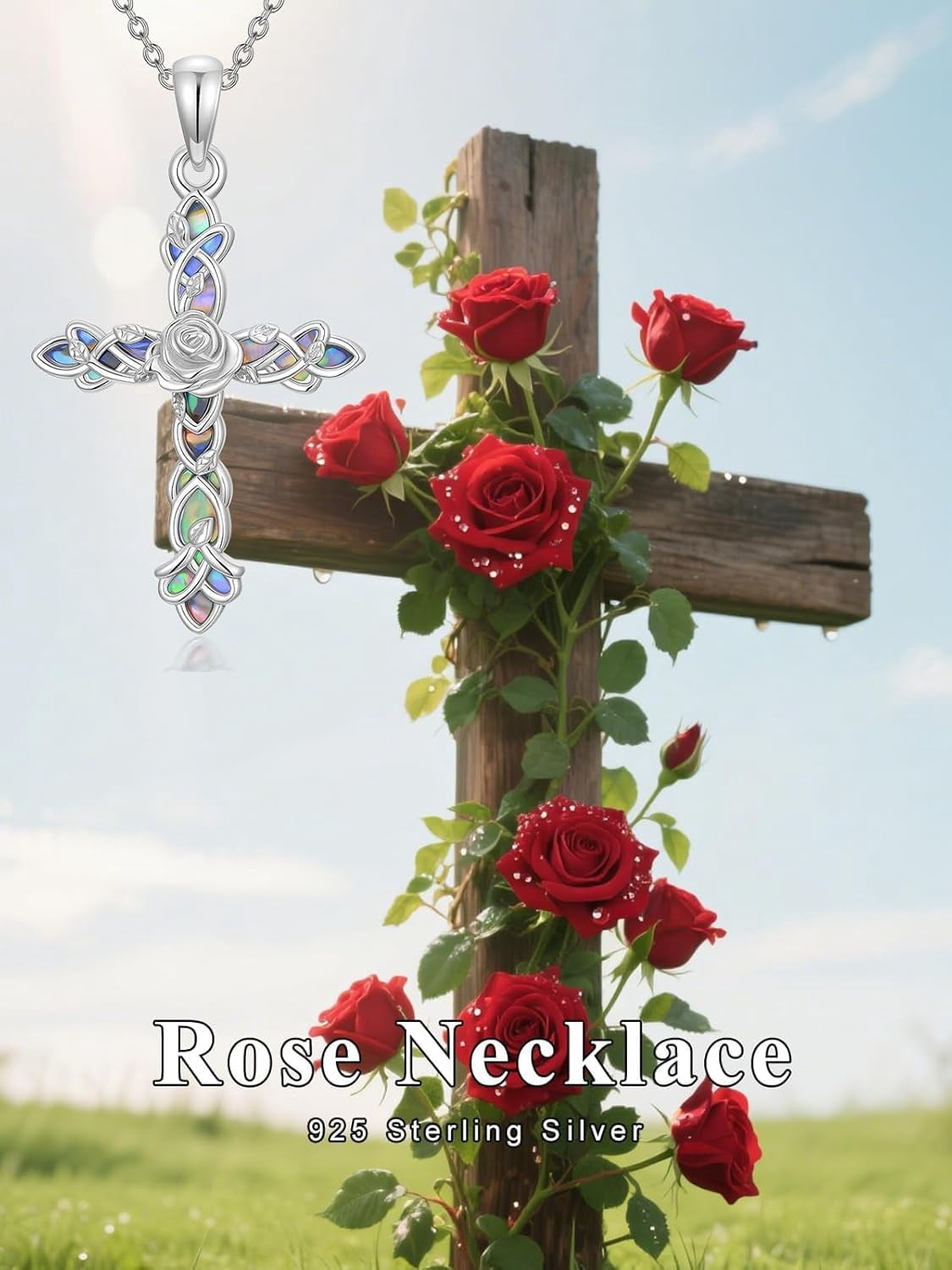 CACA LADY Vintage Rose Cross Necklace 925 Sterling Silver Rose Celtic Knot Pendant Gothic Cross Jewelry Gift for Women Birthday Christmas
