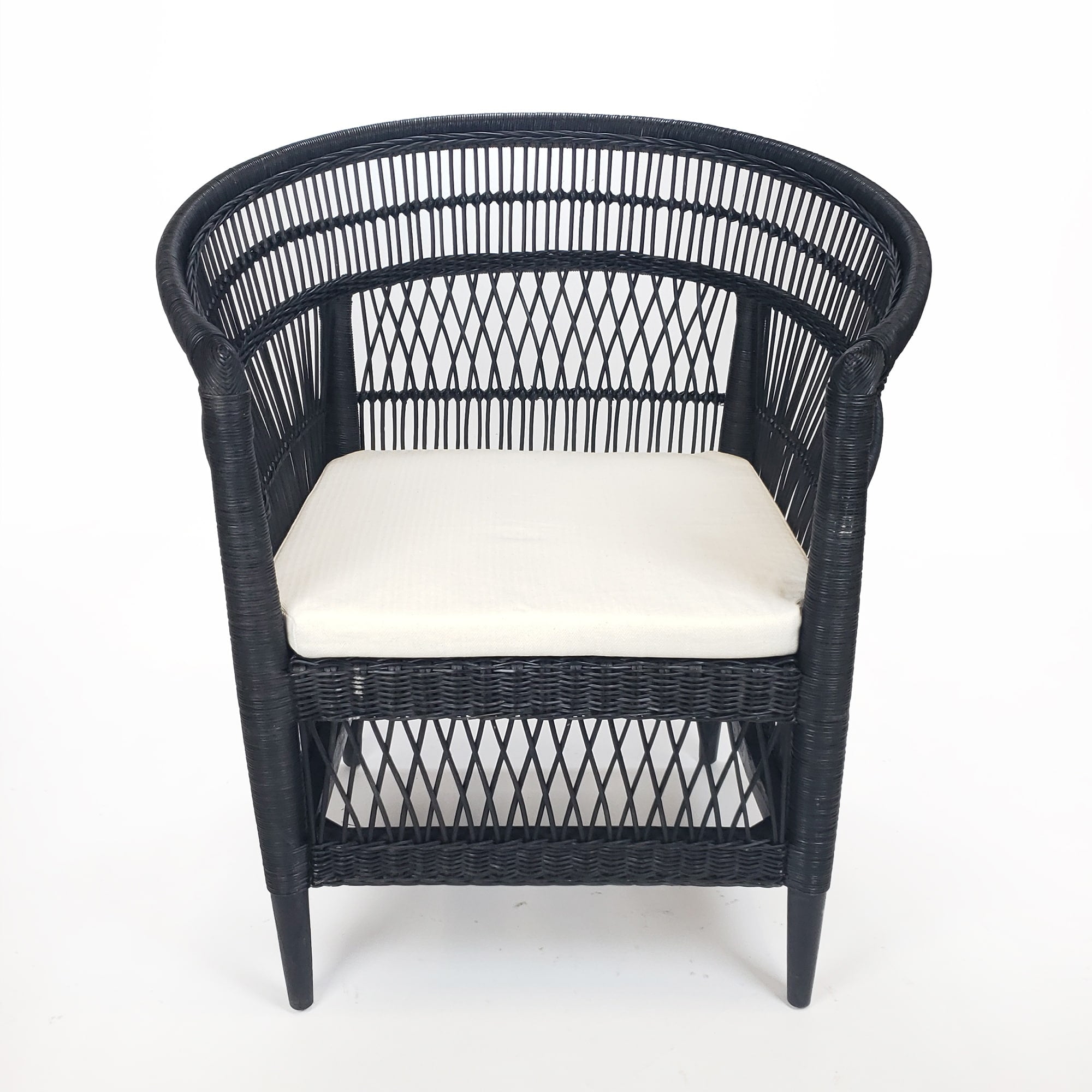 Symka Curved Back Black Woven Rattan Armchair with Padded Seat
