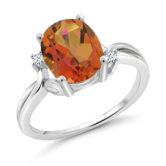 Gem Stone King 925 Sterling Silver Twilight Orange Mystic Quartz and White Created Sapphire 3 Stone Ring for Women (2.73 Cttw, Oval 10X8MM, Gemstone Birthstone, Size 5)