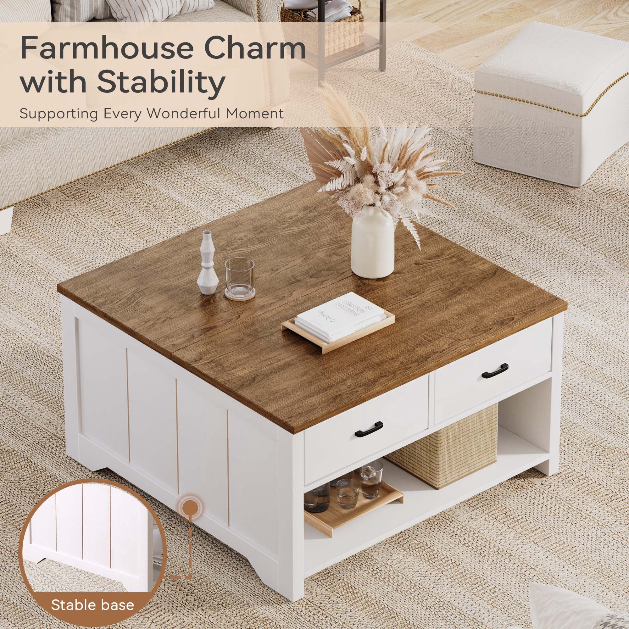 Vividwood Coffee Table Lift Top, Wood Tea Table with Big Open Storage, Square Coffee Table for Living Room, Farmhouse Coffe Tables Rustic Center Table with 2 Drawers, Brown White