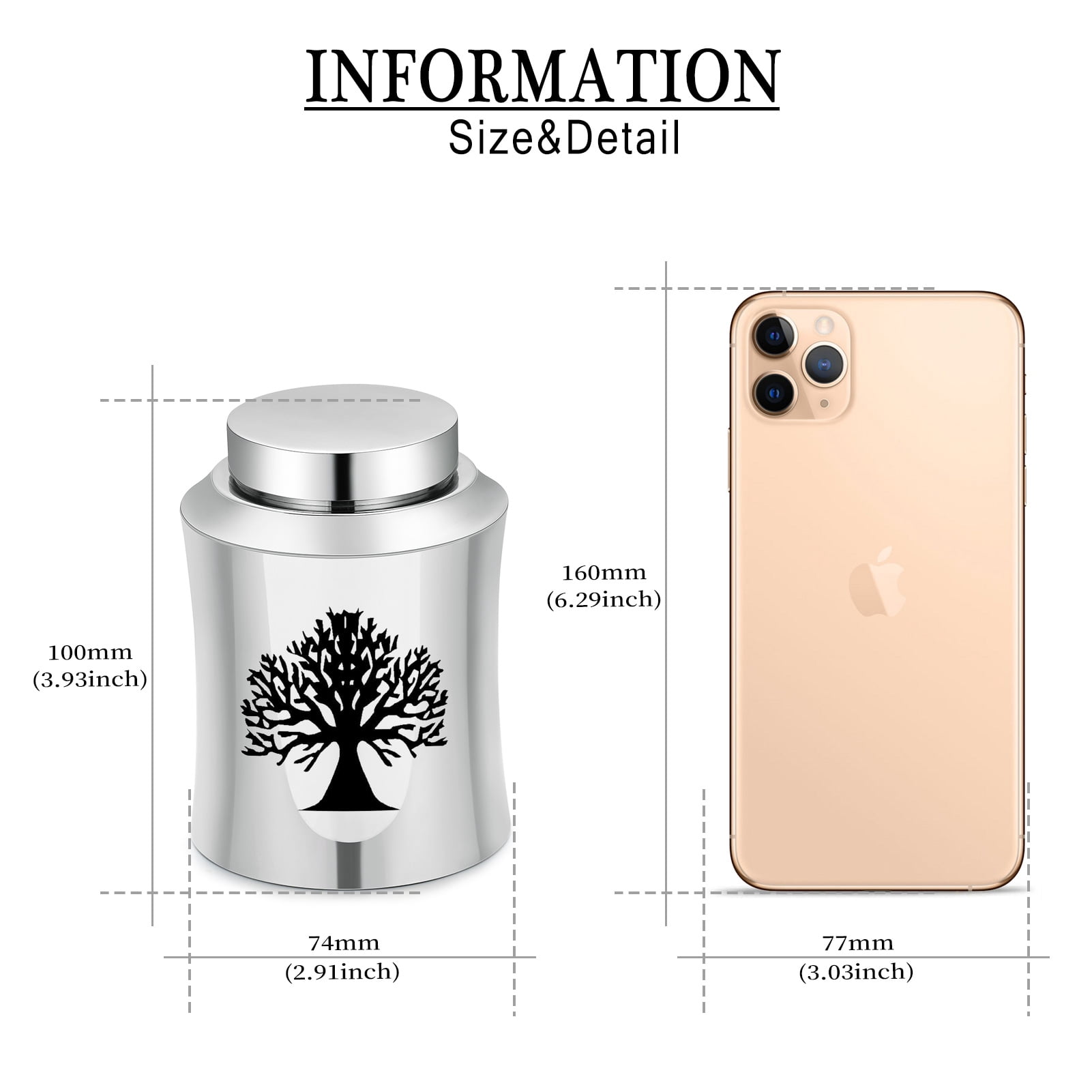 Tree of Life Print 10*7.4cm Small Memorial Cremation Urn for Pet Human Ashes Holder Funeral Keepsake Stainless Steel Cremation Mini Urn