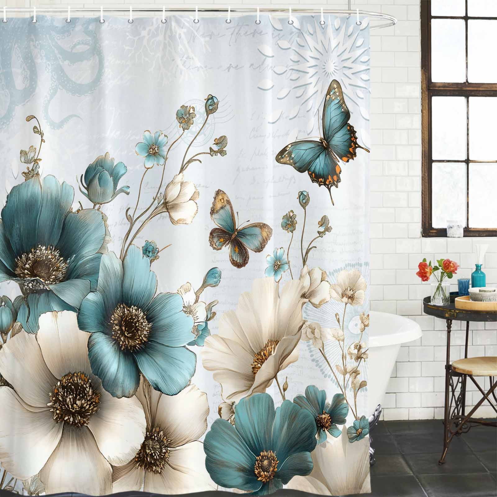 Teal Tulip Butterfly Shower Curtain, Waterproof Shower Curtains for Bathroom, Beige Turquoise Floral Blue Coastal Washable Fabric Bathtub Curtain Set Bath Decor with 12 Hooks 72"x78"