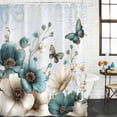 thumbnail image 2 of Teal Tulip Butterfly Shower Curtain, Waterproof Shower Curtains for Bathroom, Beige Turquoise Floral Blue Coastal Washable Fabric Bathtub Curtain Set Bath Decor with 12 Hooks Extra Long 72"x96", 2 of 8