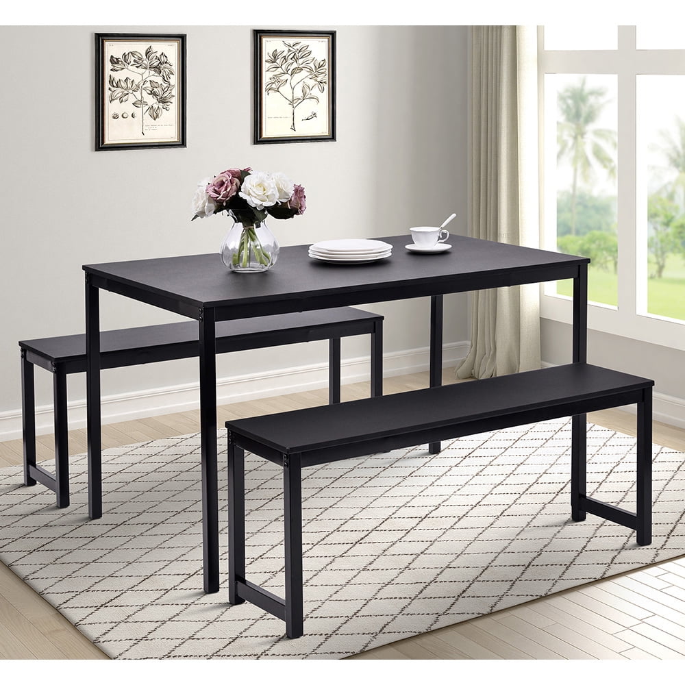 Kepooman 3 Piece Industrial Dining Set, Modern Furniture Dining Table with 2 Benches - Black Kepooman 3 Piece Industrial Dining Set, Modern Furniture Dining Table with 2 Benches - Black