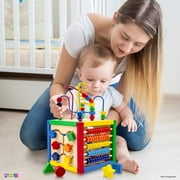 Activity Cube With Bead Maze - 5 in 1 Baby Activity Cube Includes Shape Sorter, Abacus Counting Beads, Counting Numbers, Sliding Shapes, Removable Bead Maze - My First Baby Toys Play22USA