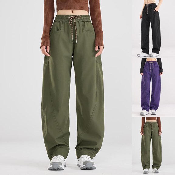 DDAPJ pyju Womens Barrel Leg Sweatpants Elastic Waist Drawstring Wide Leg Pants Baggy Lounge Pants with Pockets Purple S