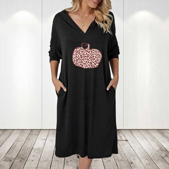 EQWLJWE Women's Fun Halloween Printing Hoodies Dress Long Sleeve Hooded Long Pocket Sweatshirt Dress With Pockets