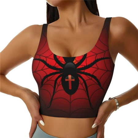 Xecao Spider on the Web for Sports Bra with Removable Pads  Crop Tank Top Design  Women s Longline Sports Bra - Non-Wired - Medium