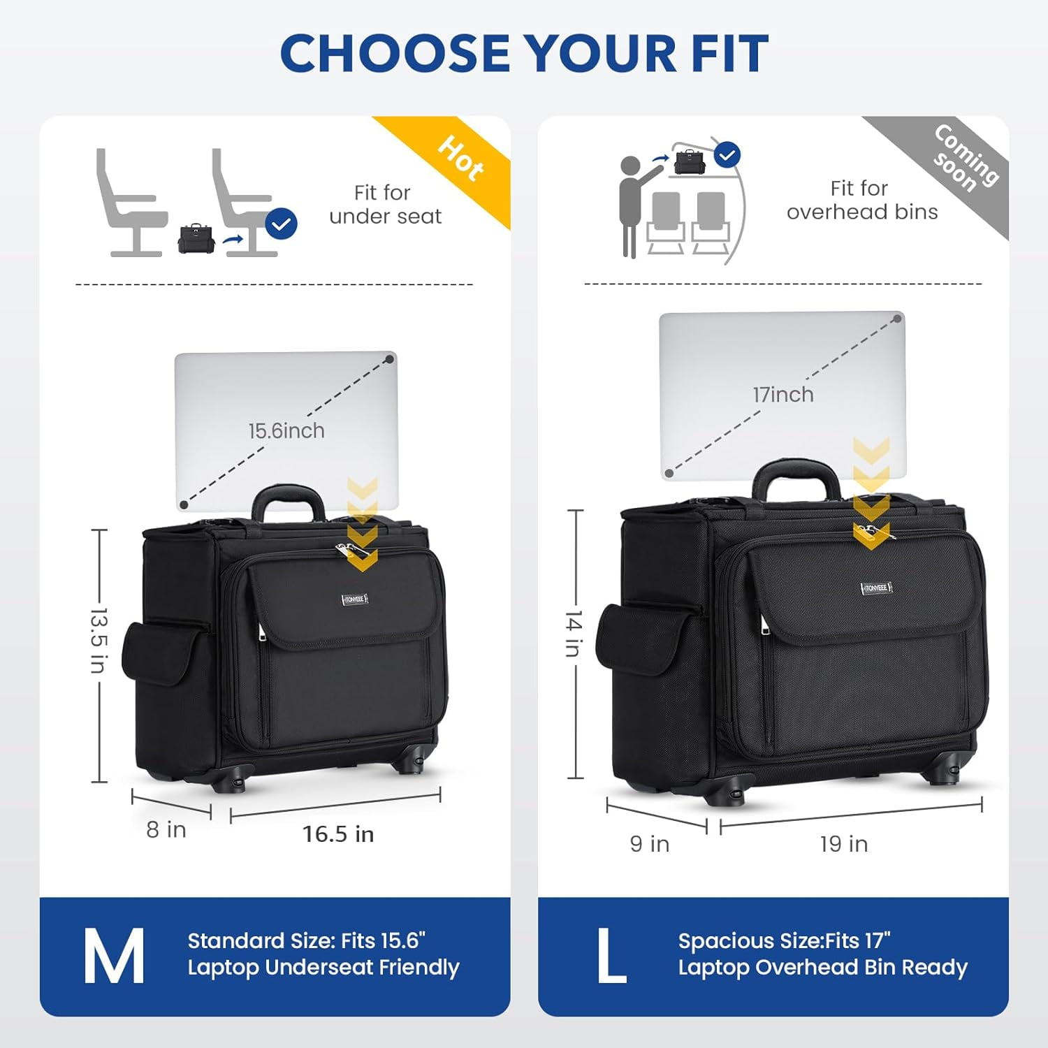 Rolling Laptop Bag 15.6 Inch (M Size) Rolling Laptop Briefcase on Wheels Computer Bag Laptop Case for Work Travel Business Men Women, Black