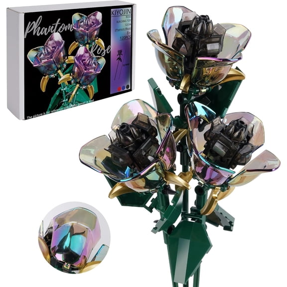 Rose Flower Bouquet Building Set,Botanical Collection Rainbow Artificial Plant Compatible with Gift for Adult Home Decor(Black 120pcs)