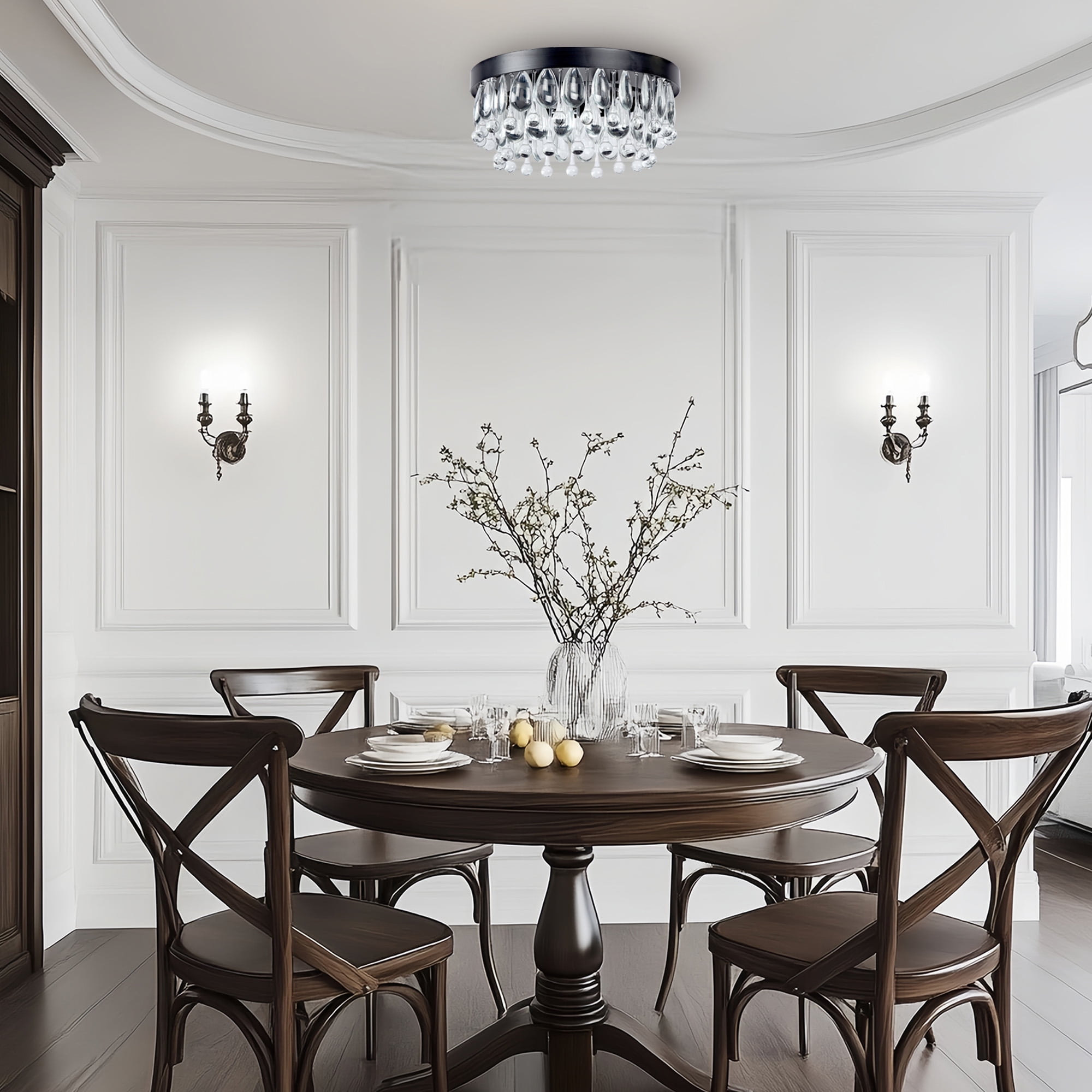 Modern Round Crystal Droplet Ceiling Light, Matte Black Luxury Ceiling Lamp, Elegant Ceiling Light, Modern Light Fixture over Kitchen Island, for Living Room, Dining Room, Bedroom