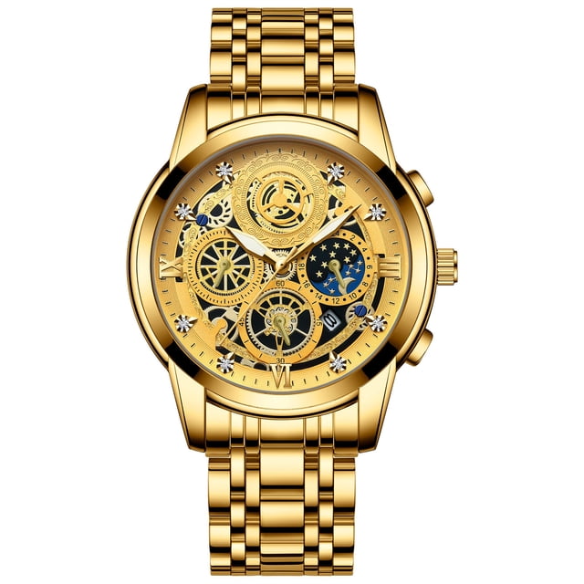 Reloj de Cuarzo Esqueleto para Hombre, Correa de Acero Inoxidable Dorado con Fase Lunar, Acento de Diamante, Reloj de Pulsera Empresarial Impermeable