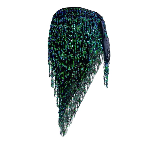 Faldas envolventes con pañuelo para la cadera para danza del vientre para mujer, falda versátil con borlas de lentejuelas para bailarina Verde y azul