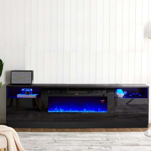 Royalbelle 70Inch TV Stand with 36Inch Electric Fireplace Insert,12 LED BackLight Colors,5 Brightness,120V/1500W,Timer,Remote,Crystal Stone MDF for Living Room,Black