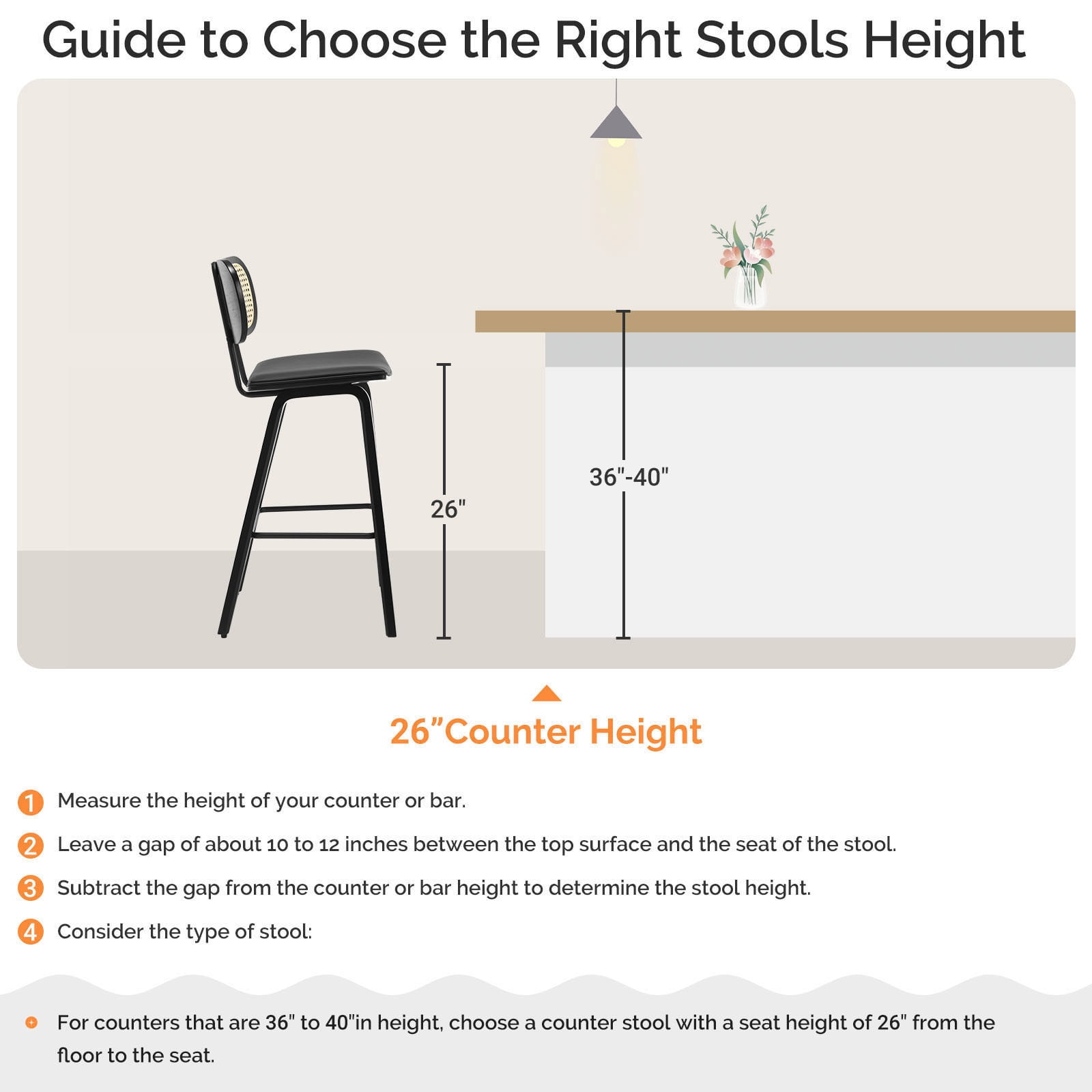 WOOW DEPOT PU Bar Stools 26" Counter Height w/ Rattan Back Set of 1, Modern Black Bent Wood Bartool Leather Upholstered Chair for Kitchen Pub Island Dining Room