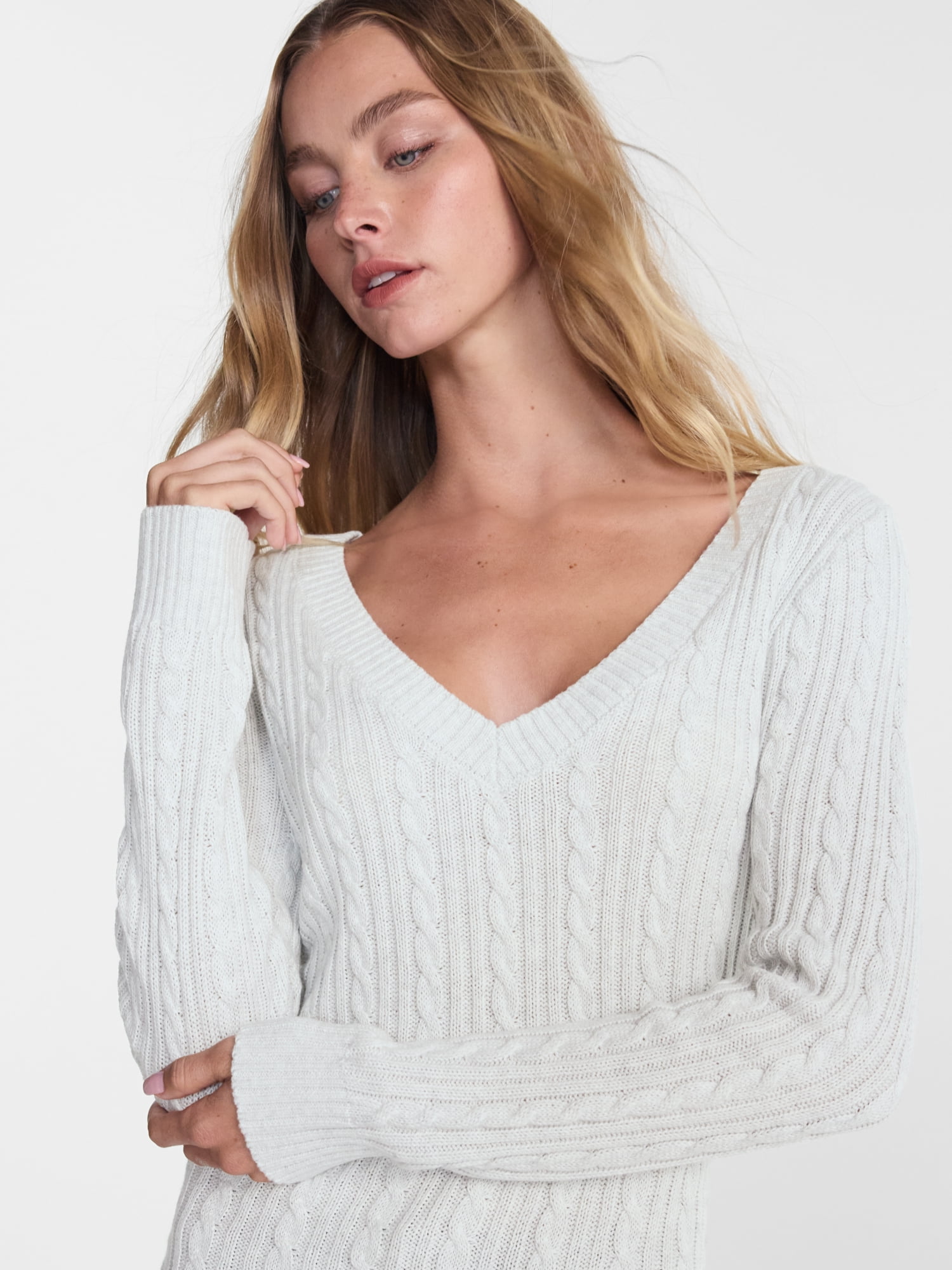 No Boundaries V Neck Cable Sweater, Women's and Women's Plus XXS-4X