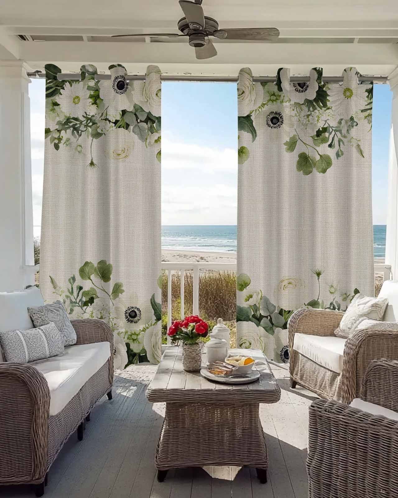 Spring Flower Blackout Curtains 63 Inch Length Watercolors White Wildflowers Green Leaves Linen Texture Thermal Insulated Window Curtain Window Drapes 2 Panels for Bedroom Living Room 52"Wx63"L