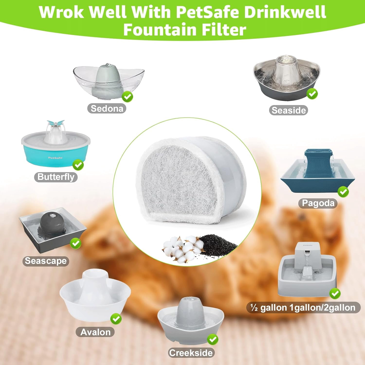 15 Count Replacement Carbon Filters Compatible with PetSafe Drinkwell Filters, Pet Water Fountain Replacement Cartridges for Dog and Cat Fountain.
