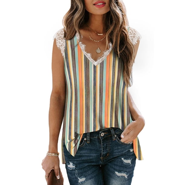 ICHUANYI Clearance Fashion Woman V-Neck Sleeveless Lace Blouse T-Shirt Floral Printing Loose Tops(Yellow, M) ICHUANYI WER2023081116598